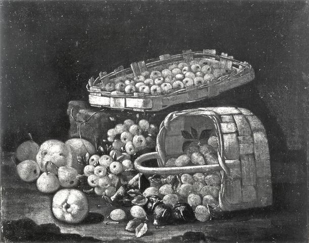 Anonimo — Anonimo emiliano sec. XVII - Natura morta con cesti di azzeruoli, mele cotogne e pere — insieme